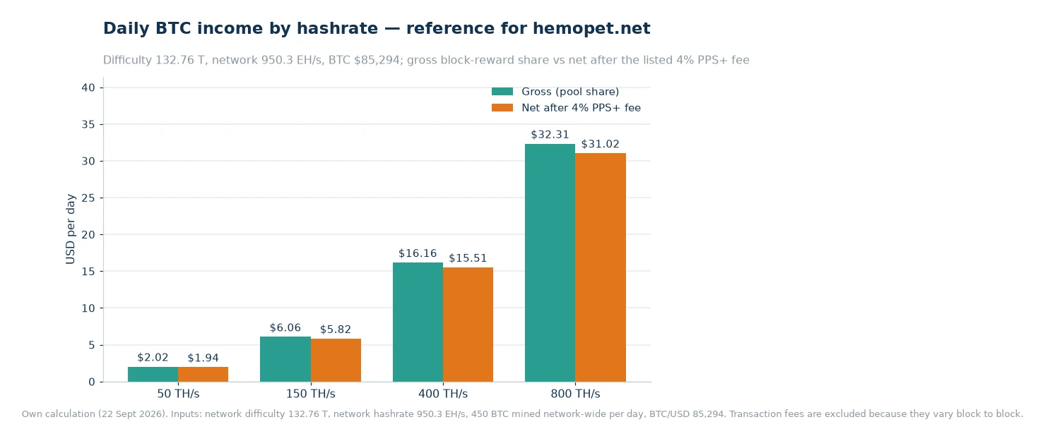 Bar chart showing gross and net daily BTC income at 50, 150, 400 and 800 terahashes per second after the listed 4% fee