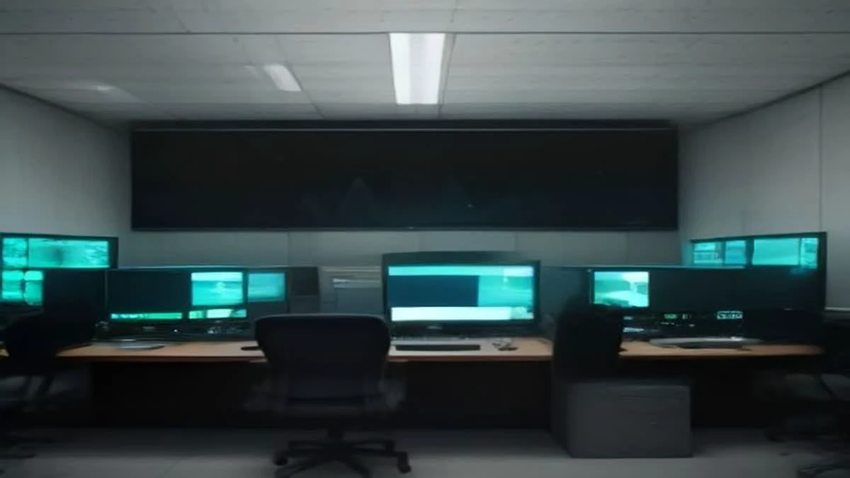 A low-angle view of a control room with several monitors showing abstract dashboards under low-key lighting